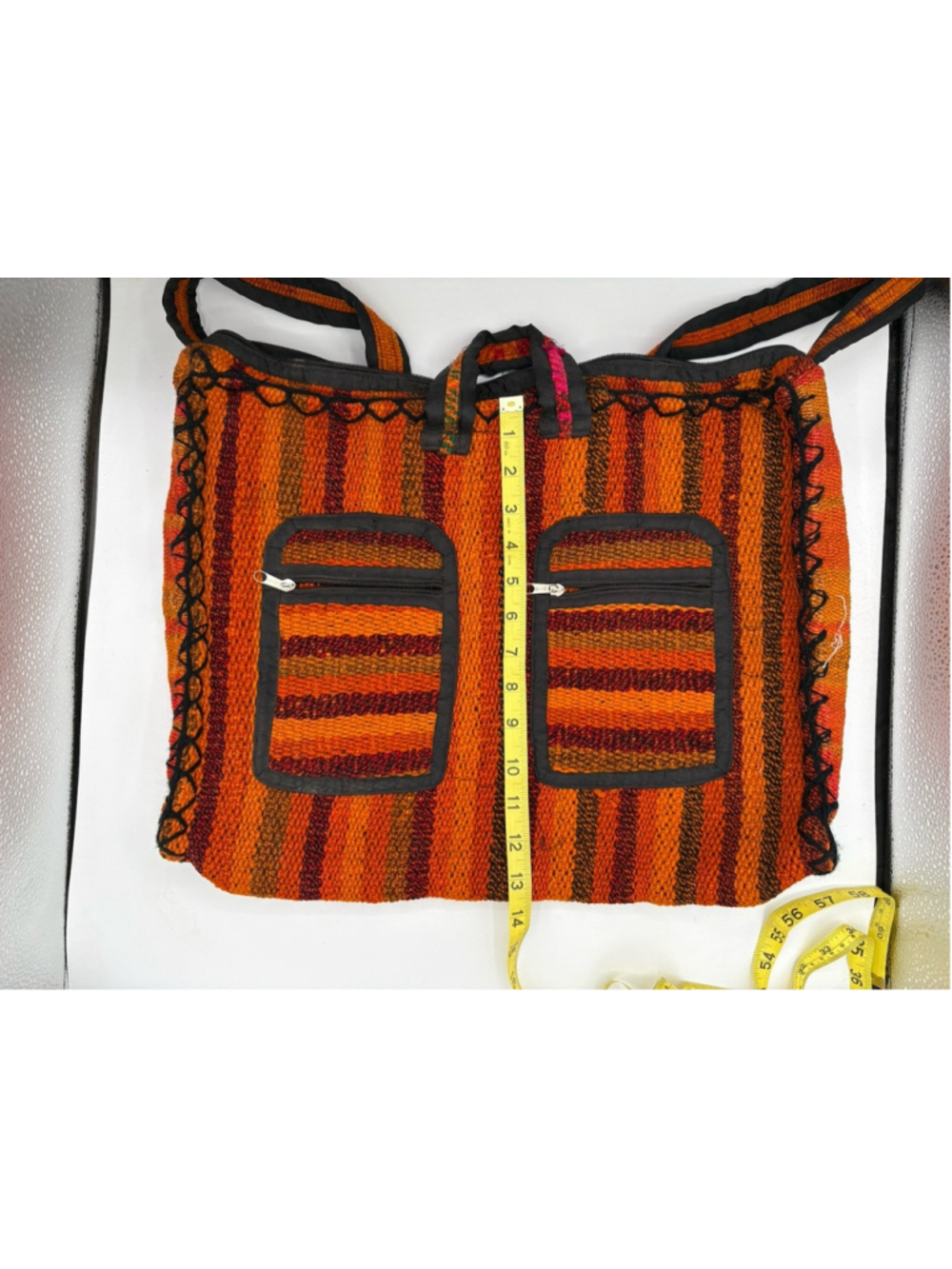 Very Large Handmade Crochet/Woven Shoulder Tote Bag Zipper Pocket 70's Orange - Picture 3 of 6
